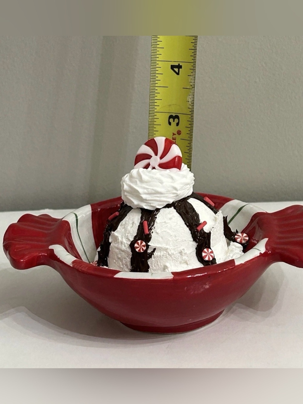 Festive Red Peppermint Candy Dish with Fake Ice Cream Display Handmade - Picture 4 of 4